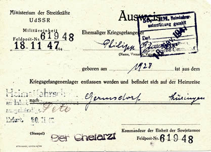 Ausweis vom 18.11.1947 - Entlassung aus sowjetischer Kriegsgefangenschaft